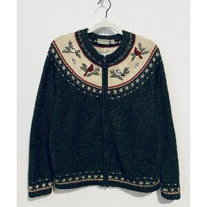 Croft And Barrow Cardigan Sweater Womens XL Green Embroidered Birds Silk Wool